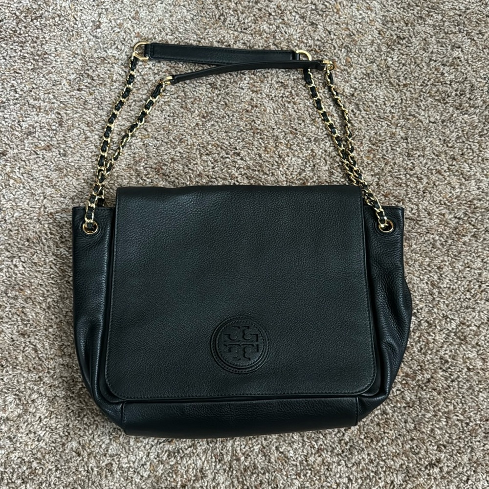 Tory Burch Black Leather Shoulder Bag with Gold Chain